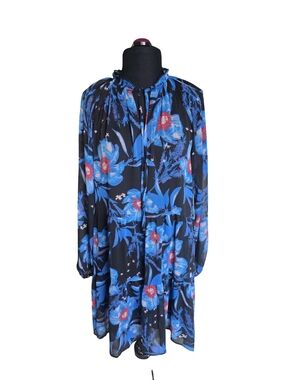 NWT Lark & Grey Long Sleeve Dress Black Blue Red Floral Print Size XL